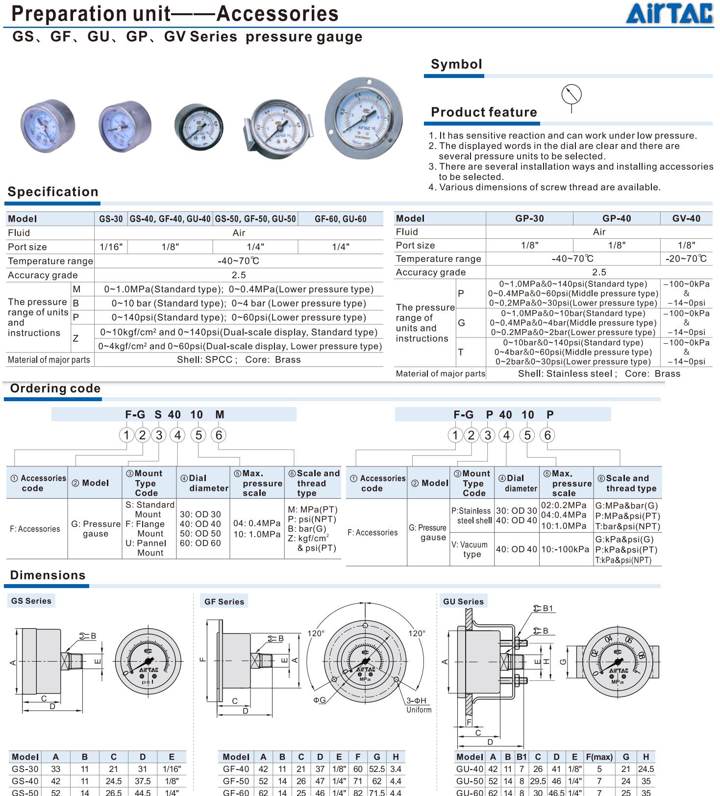 pressure gauge Accessories GF Series Airtac
