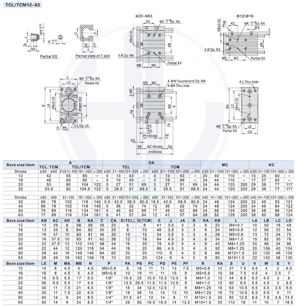 tcl tcm series tri rod cylinder airtac m12 m63